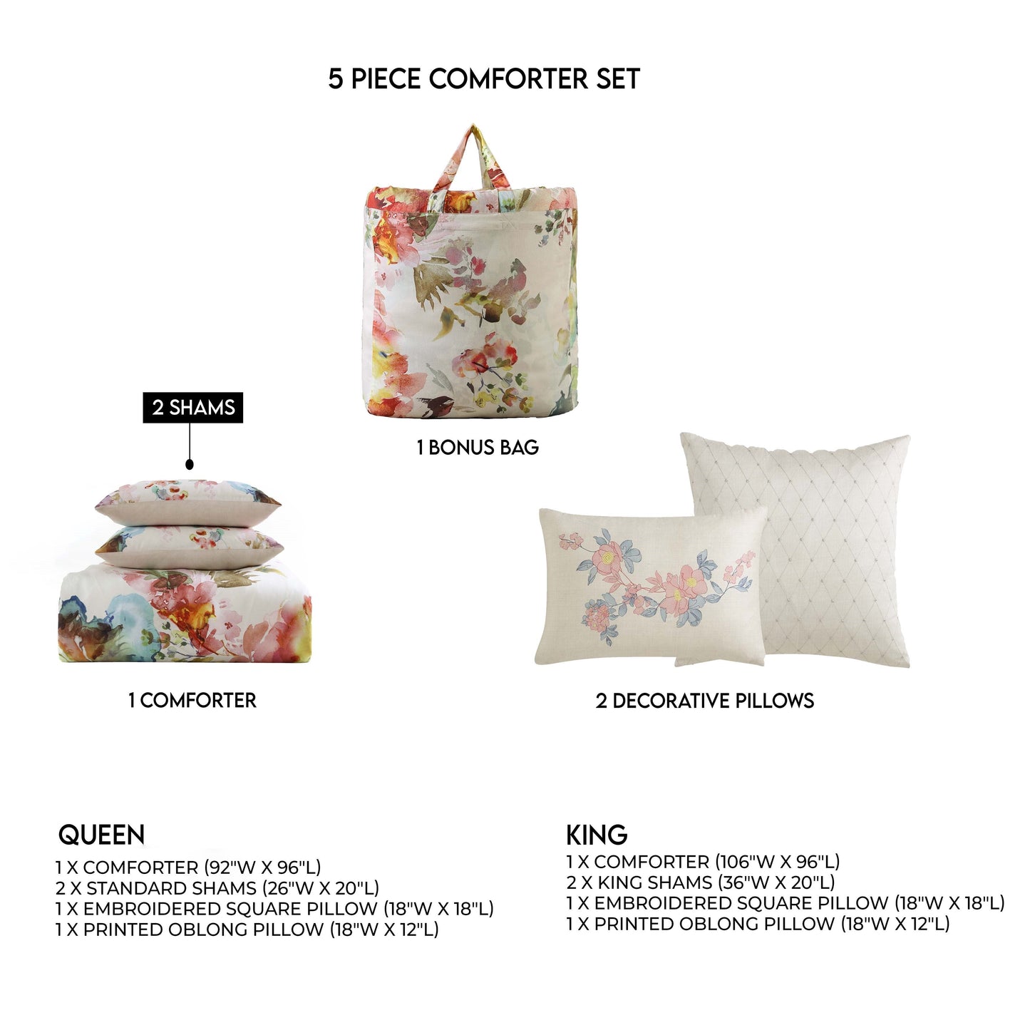 Bebejan Antique Flowers Ivory 5 Piece Reversible Comforter Set