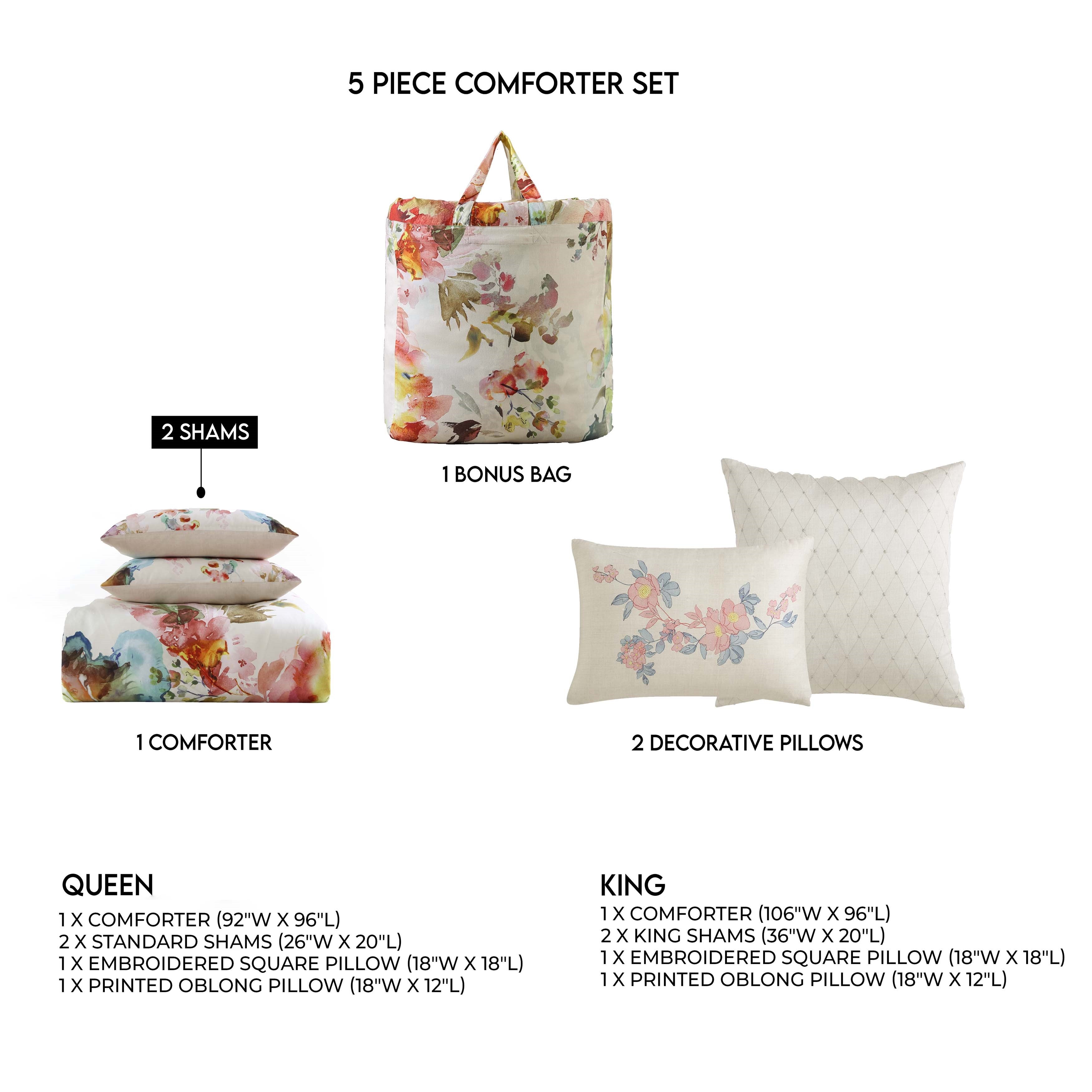 Bebejan Antique Flowers Ivory 5 Piece Reversible Comforter Set