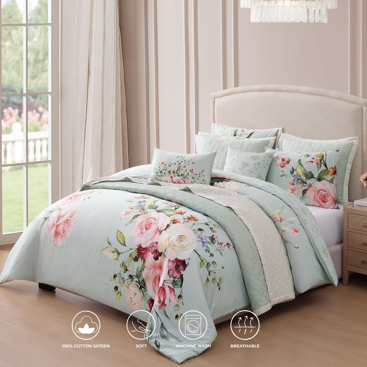 Bebejan Rose on Misty Green 8 Piece Reversible Comforter & Coverlet Set