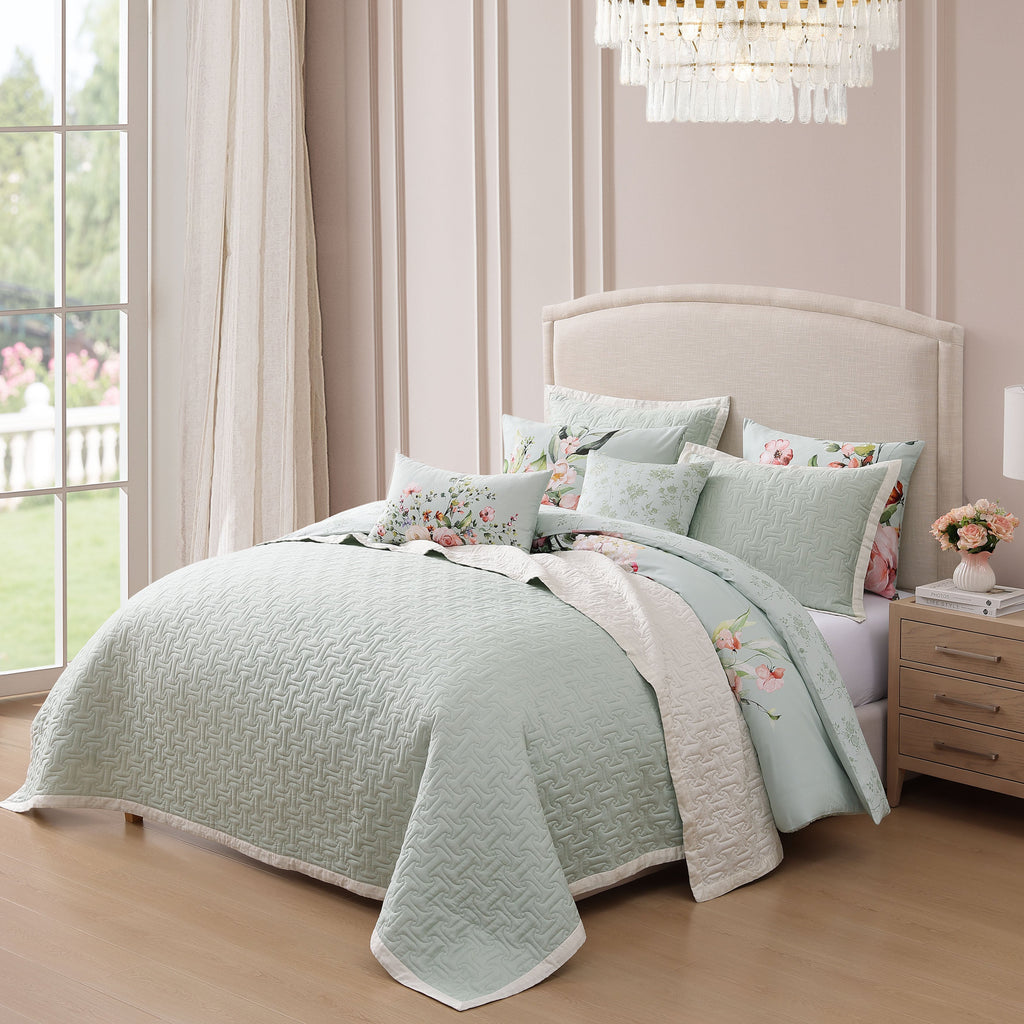 Bebejan Rose on Misty Green 8 Piece Reversible Comforter & Coverlet Set