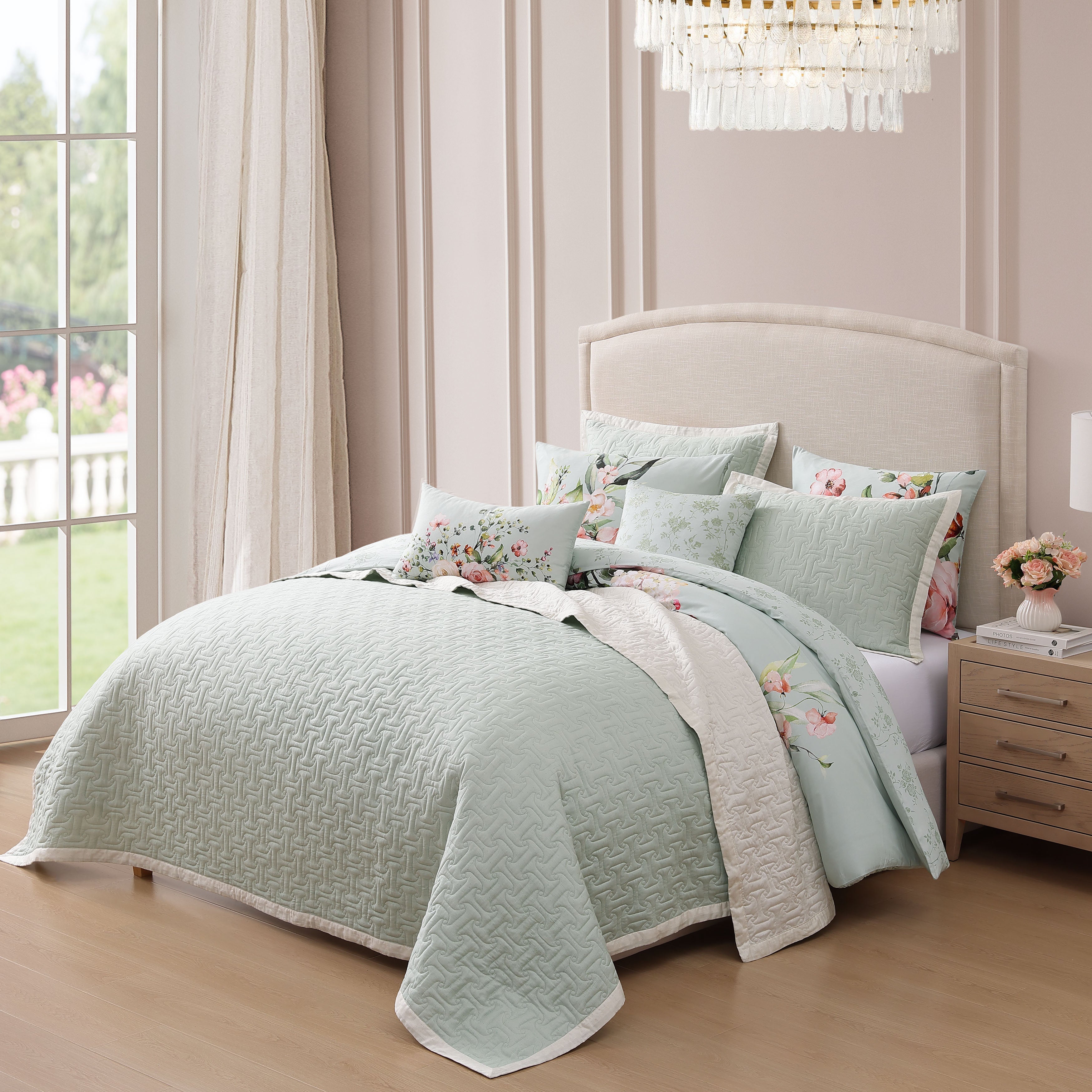 Bebejan Rose on Misty Green 8 Piece Reversible Comforter & Coverlet Set