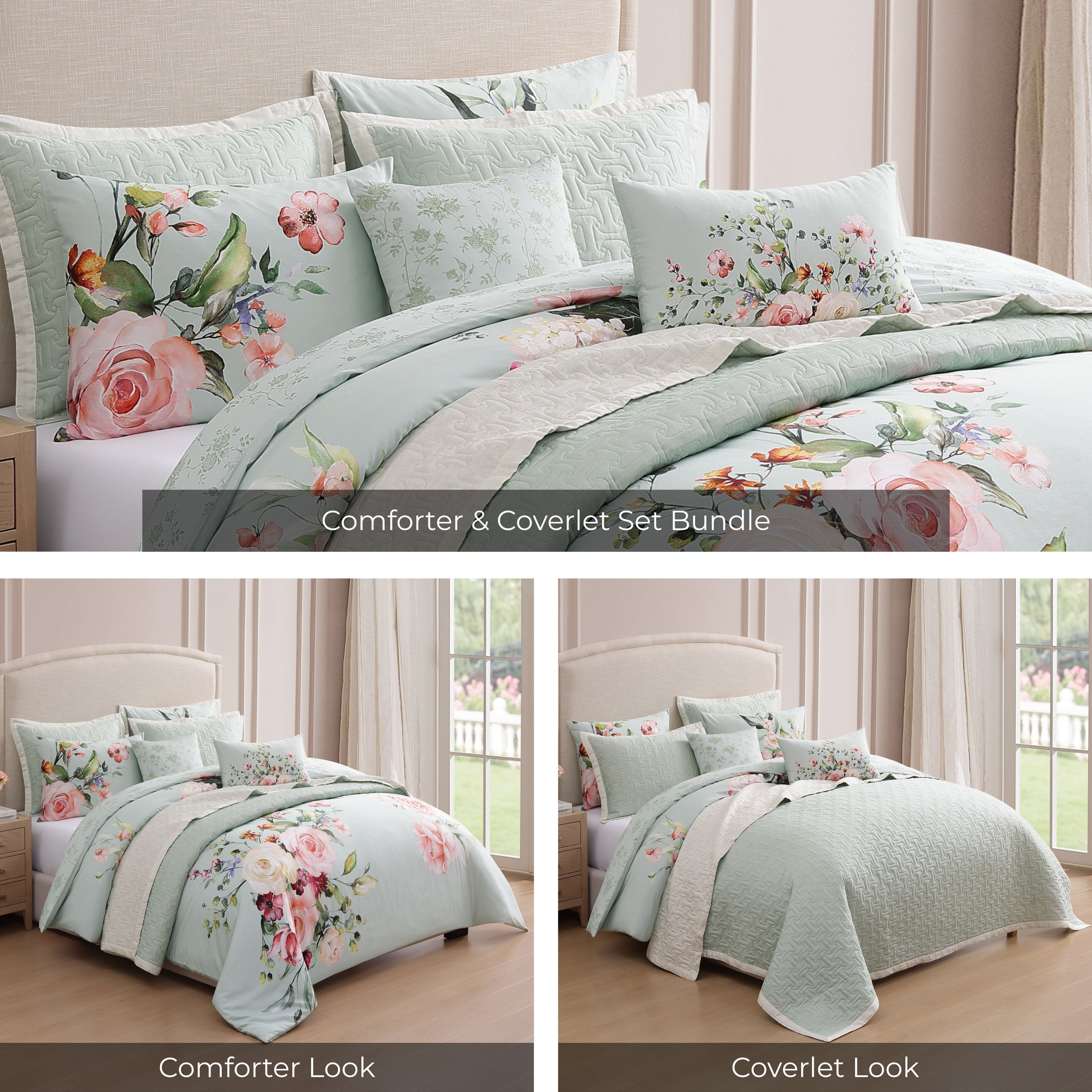 Bebejan Rose on Misty Green 8 Piece Reversible Comforter & Coverlet Set