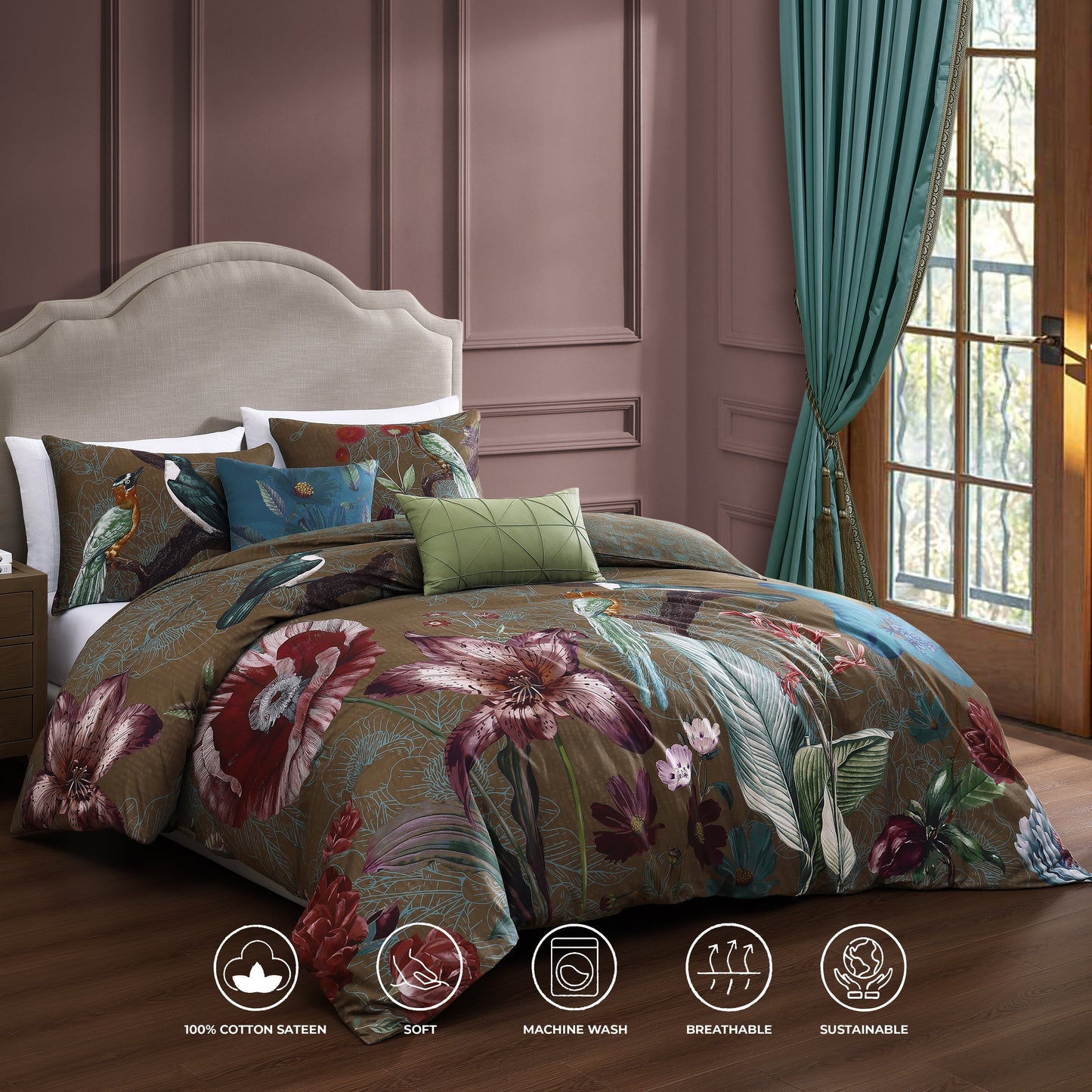 Bebejan Birds on Chocolate Brown 5 Piece Reversible Comforter Set