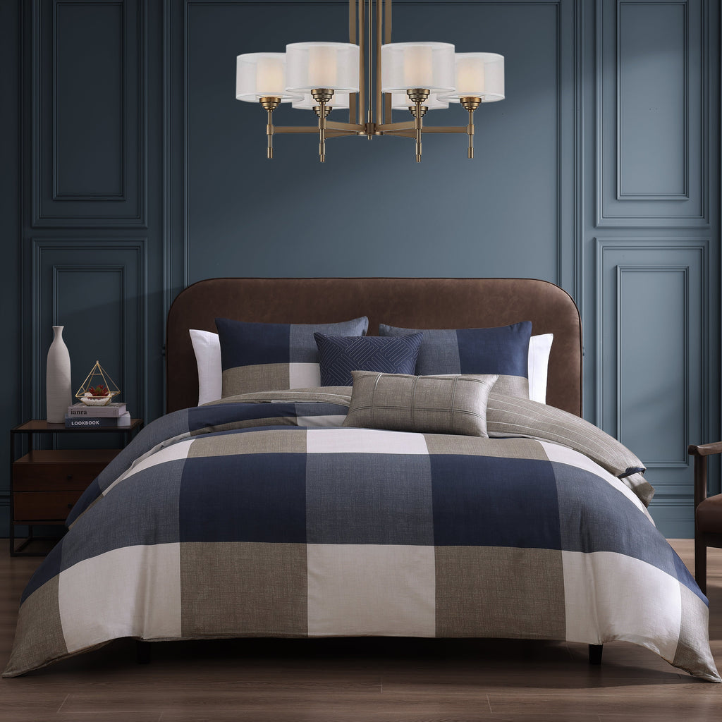 Bebejan Checkered Navy Tan 5 Piece Reversible Comforter Set