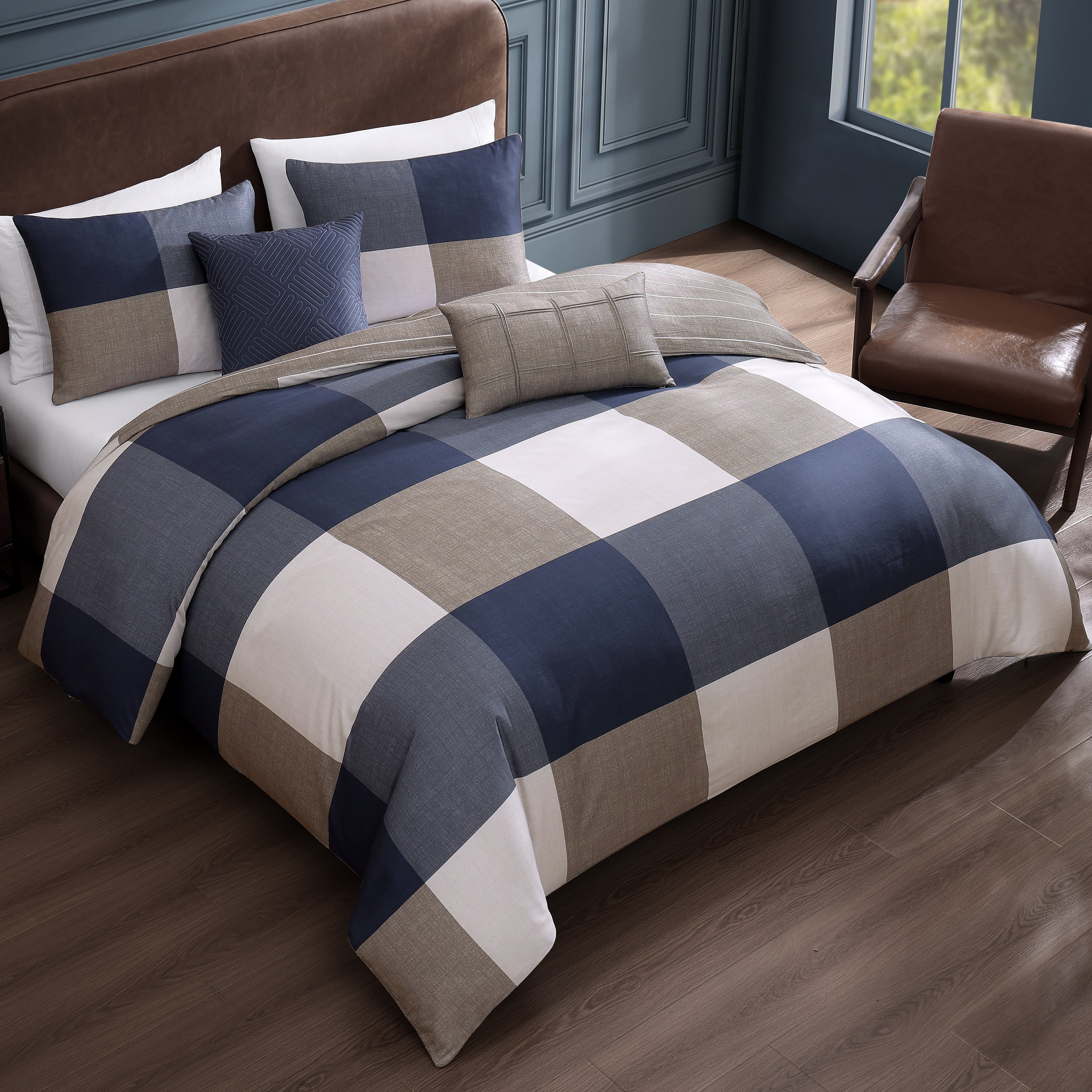 Bebejan Checkered Navy Tan 5 Piece Reversible Comforter Set