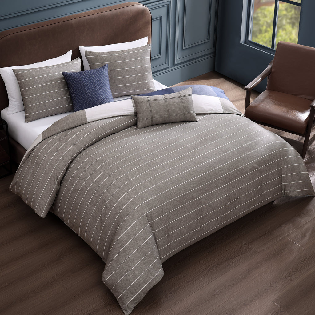 Bebejan Checkered Navy Tan 5 Piece Reversible Comforter Set