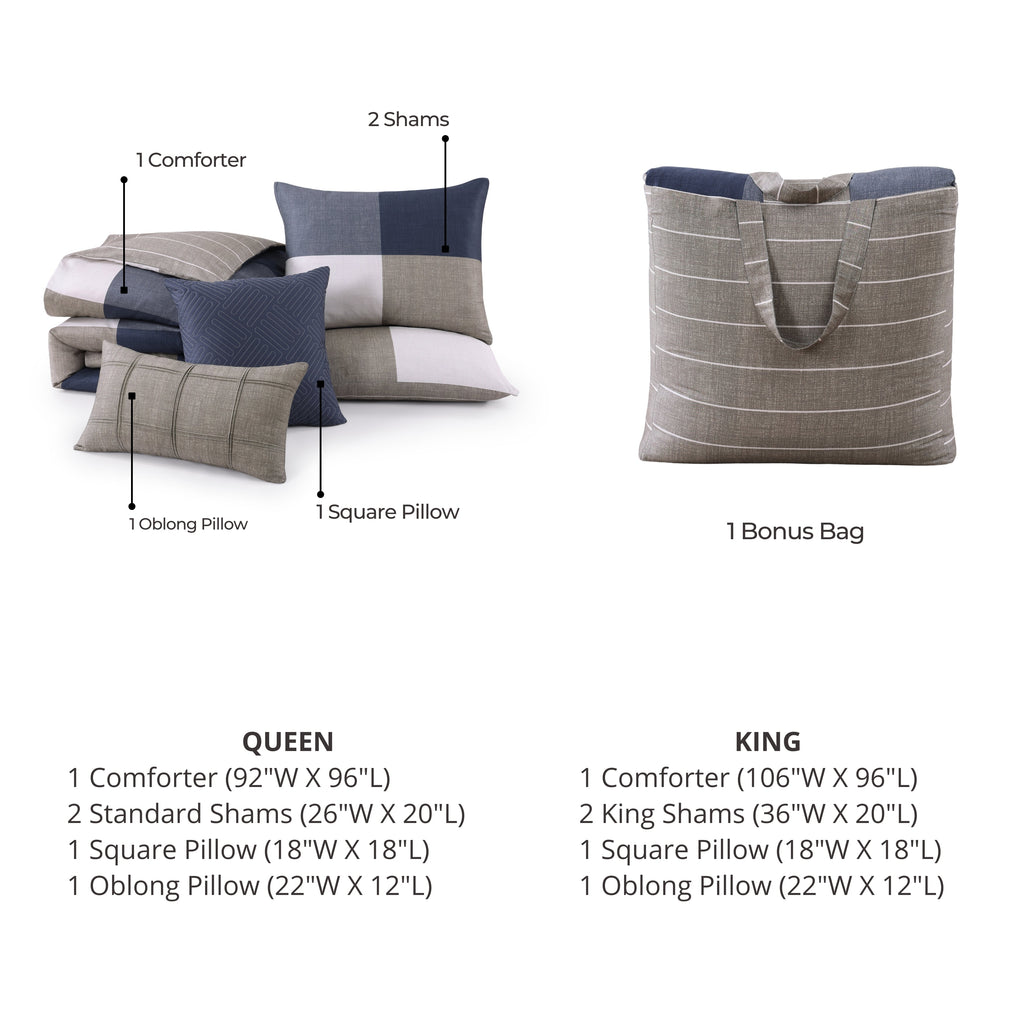 Bebejan Checkered Navy Tan 5 Piece Reversible Comforter Set