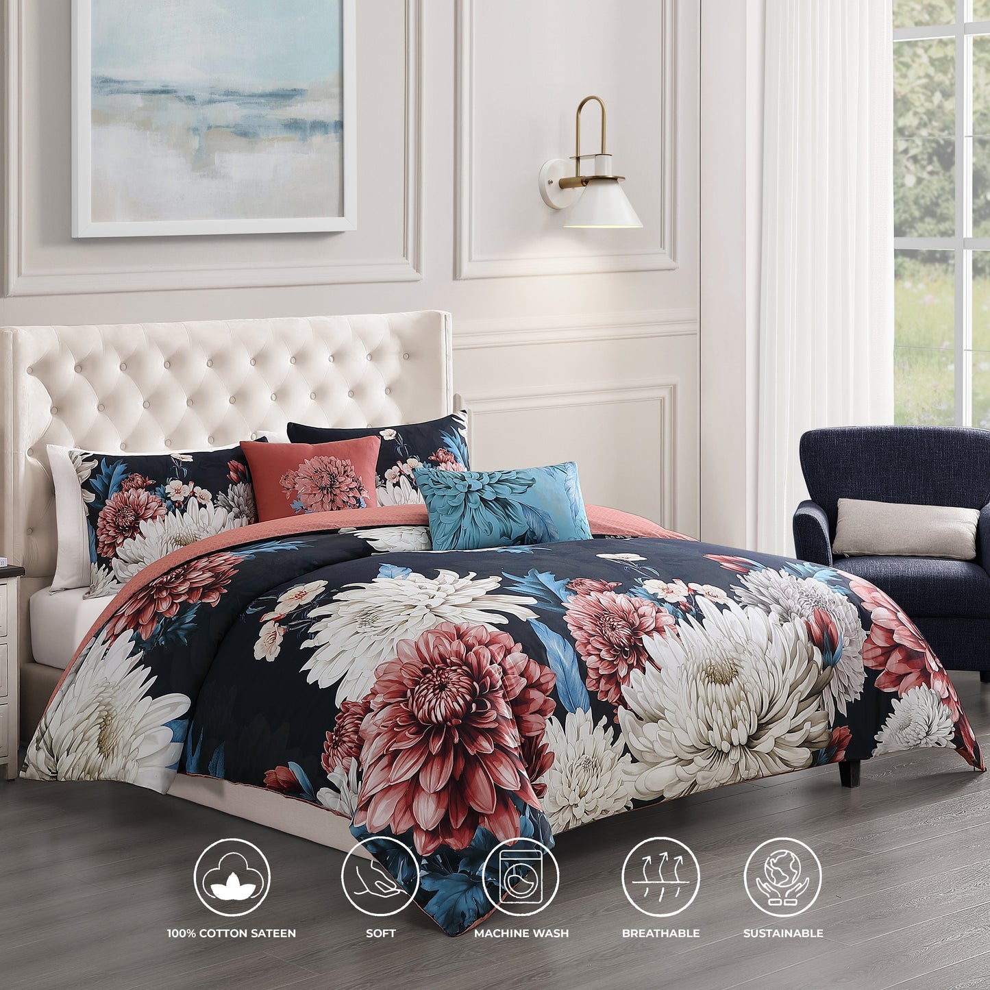 Bebejan Navy Mums 5 Piece Reversible Comforter Set